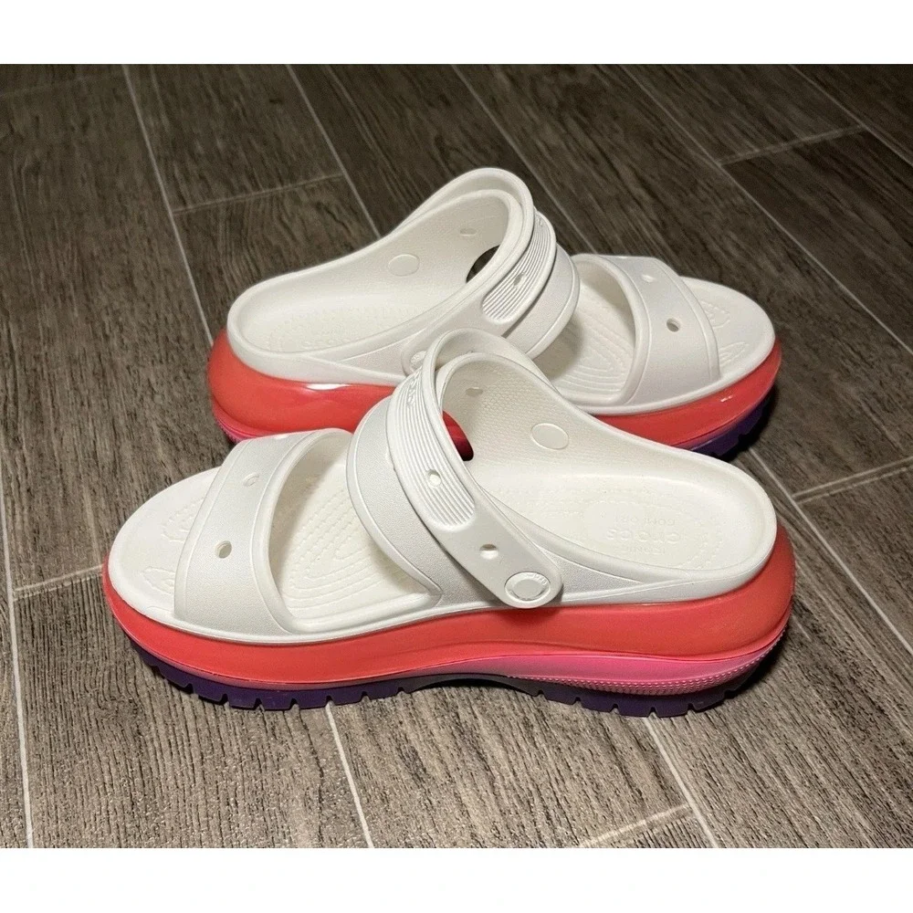 Crocs Crush Sandal Womens 9 White Pink Purple Excellent Platform Two Strap